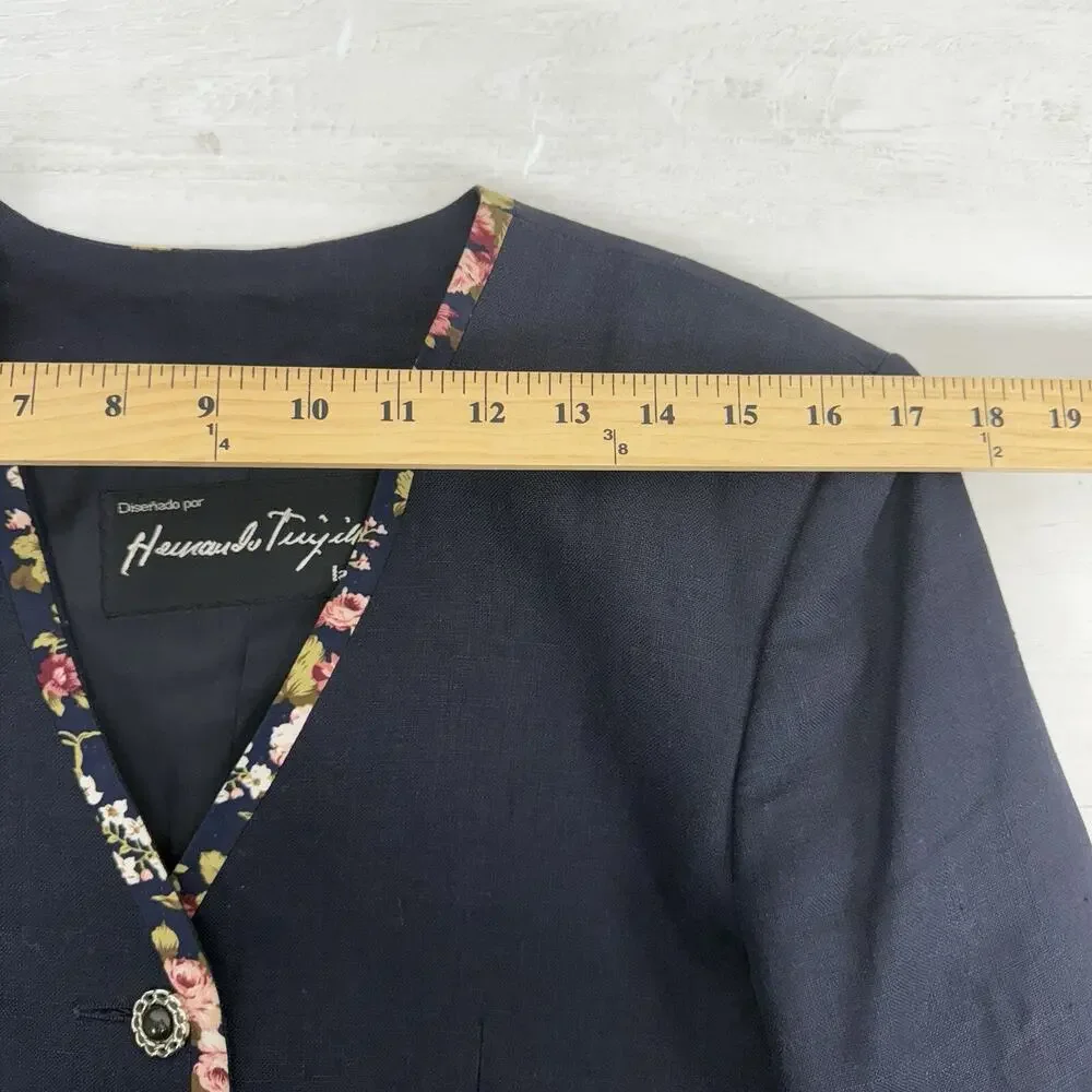 Hernando Trujillo Linen Blazer Jacket Women 8 Navy Floral‎ Trim Preppy Spring